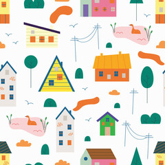 Fototapeta premium Seamless pattern of small tiny houses, trees, clouds, bush, pond in Scandinavian style. Cute kids urban and village homes, building, residential city houses landscape. Hand drawn flat illustration.