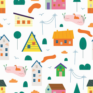 Seamless pattern of small tiny houses, trees, clouds, bush, pond in Scandinavian style. Cute kids urban and village homes, building, residential city houses landscape. Hand drawn flat illustration.