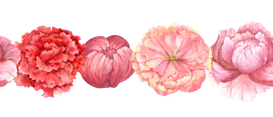 Pink peony buds. Seamless floral border. Delicate watercolor flowers. © Rina Grinchik