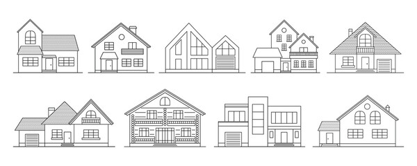 House outline icon set. Vector illustration of building, cottage, villa, townhouse, hotel, apartment. Architecture concept.