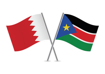 Bahrain and South Sudan crossed flags. Bahraini and South Sudanese flags on white background. Vector icon set. Vector illustration.