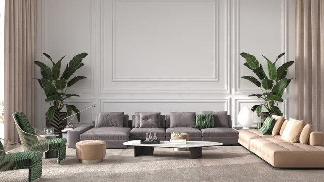 Modern interior design living room with large white classic panels and wall mock up. 3d rendering illustration 4K video animation scene.