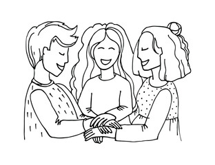 Young People Hands Putting together. Team celebrate success in work collaboration. Hands showing unity and teamwork or support between colleagues concept. Linear sketch vector illustration