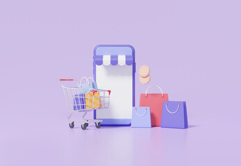 Shopping online concept. with smartphone app, trolley shopping bag buying shop store on pastel purple background, discount, promotion, sale, banner, customer. 3d render illustration