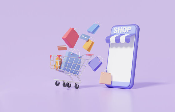 Shop online buying concept on mobile app Shopping cart with shopping bag floating on purple pastel background, discount promotion sale, banner, buy, sell, website. 3d render illustration