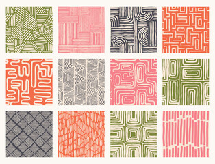 Set Aesthetic Contemporary printable seamless pattern with abstract line brush stroke shapes and line in nude colors. Pastel boho background in minimalist mid century style vector Illustration wall © anya