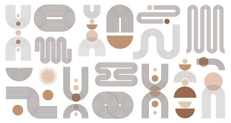 Abstract boho aesthetic geometric shape set. Contemporary mid century line design with sun and moon phases trendy bohemian style. Modern vector illustration
