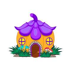 Fairy house in the form of a ripe pumpkin with a roof in the form of a flower bluebell isolated on a white background. Vector cartoon close-up illustration