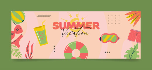 Summer vacation facebook cover, social media, web ad banner template for any promotion, campaign, offer. 3d text design and nature layout