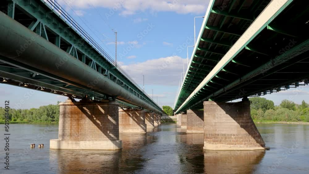 Poster Gdanski and Citadel railway Bridge over Vistula River, Warsaw city, Poland, 4k