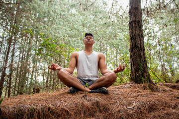 Obraz premium Latin man doing yoga in nature. Healthy lifestyle in nature. Young adult meditating in the middle of trees and fresh air.