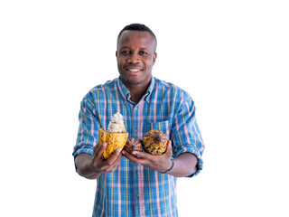 Happy African farmer holding cacao pod and cacao fruits in hands on white background. Cacao fruits is used as raw ingredient making cocoa or chocolate.