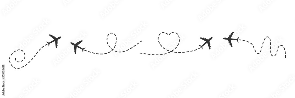Aufkleber airplane line path set. plane flight route with line trace. tourism and travel concept. vector illus