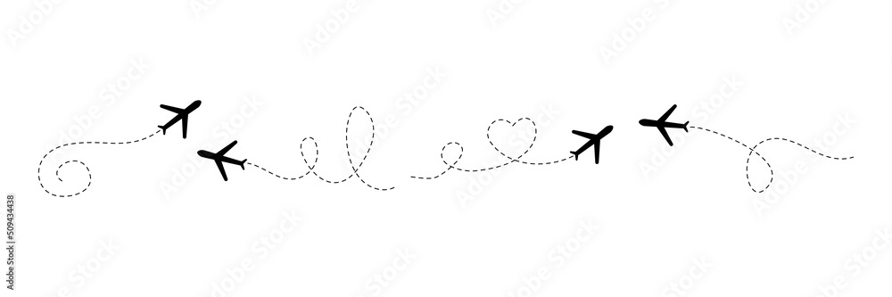 Poster airplane line path set. plane flight route with line trace. tourism and travel concept. vector illus