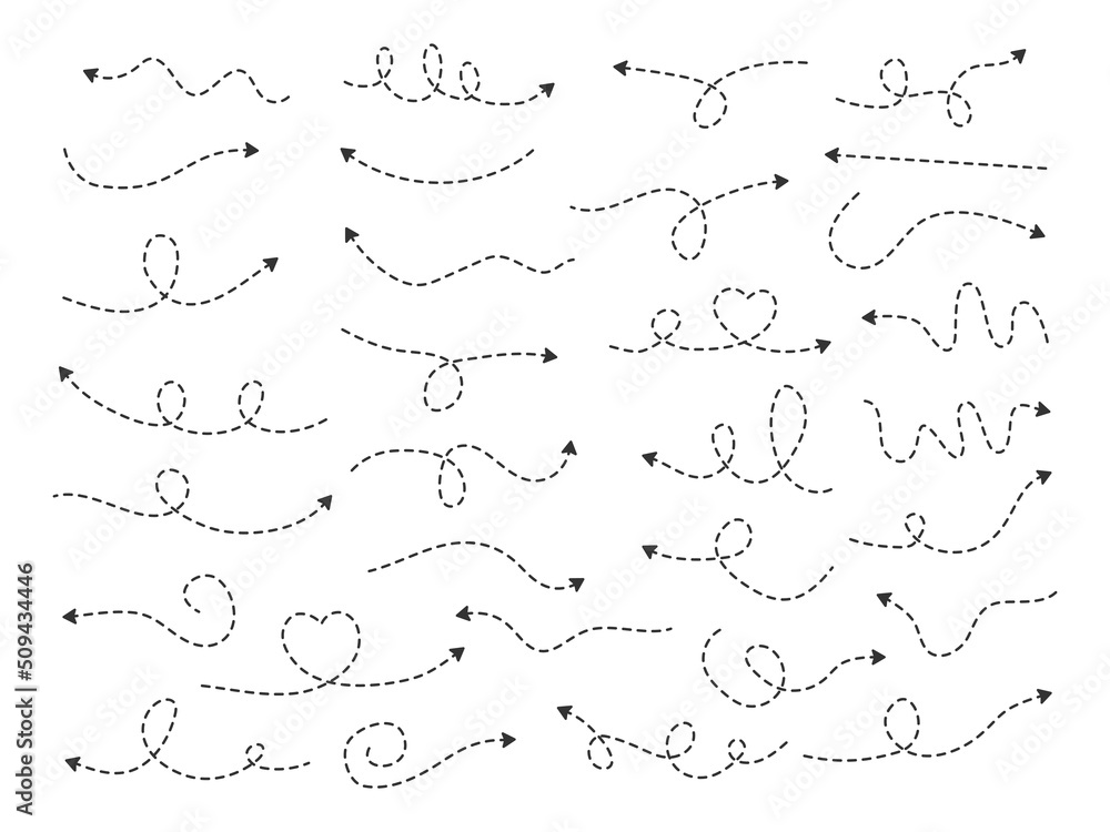 Poster dotted line arrows doodle set. hand drawn dashed different way arrow. linear route collection. vecto