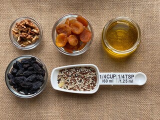 Healthy food in stock. Dried fruits and nuts in a glass bowl. Food for a healthy diet top view.