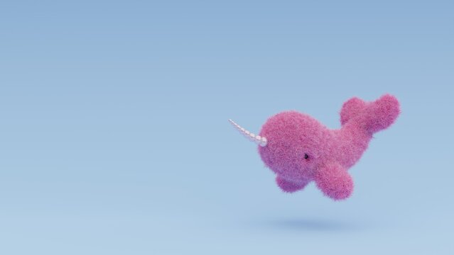 Fur pink narwhal isolated on blue background. Cute furry sea unicorn. Cartoon baby whale with horn. 3d rendering illustration.