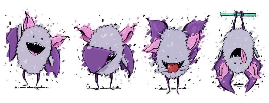 Murci&eacute;lago ilustrado en digital con estilo de caricatura, cuatro posturas diferentes en fondo blanco, perfecto para p&oacute;ster, tarjeta de regalo o sticker.