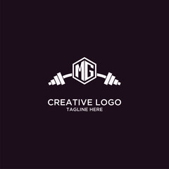 MG initial monogram for fitnes or gym logo with creative shield and barbell design
