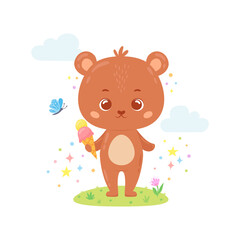 Obraz na płótnie Canvas Cute baby bear with ice cream in a clearing with grass and flowers. Funny childish character for card, poster, print, kid clothing, cover. Vector illustration in cartoon style isolated on white