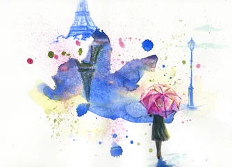 Foto op Plexiglas watercolor painting. woman with umbrella. illustration.  © Anna Ismagilova