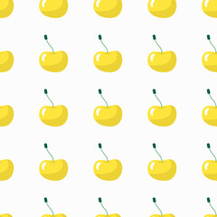 Seamless pattern of yellow ripe cherries. Garden organic fruits and berries. Cute juicy cherries. Bright modern summer pattern. Hand drawn vector background for packaging, textile, nursery, wallpaper