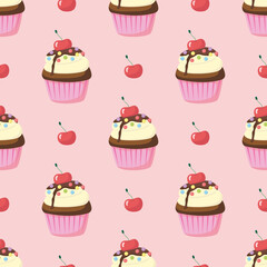 Seamless pattern of chocolate cupcake with cherry, souffle and colored sugar balls in cupcake paper on pink. Hand drawn cute cream pastries. Muffin dessert sweet, food. Bakery shop, cooking, tea party