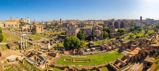 Panoramic view of The Roman Forum (latin name Forum Romanum), plaza of the ancient roman ruins at...