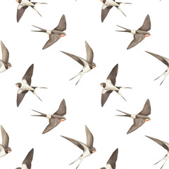 Watercolor flying swallow seamless pattern. Hand painted illustration on white background. For print, textile, wallpaper, fabric, wrapping paper - obrazy, fototapety, plakaty