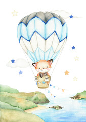 Cute little fox in hot air balloon illustration. Hand painted watercolor design. Cartoon kid character. Sky adventure. For posters, prints, cards, background © Victoria Pak