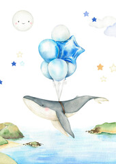 Cute whale flying with balloons. Hand painted watercolor design. Cartoon kid character. Sky adventure. For posters, prints, cards, background
