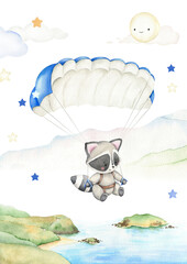 Cute little raccoon with parachute. Skydiving illustration. Hand painted watercolor design. Cartoon kid character. Sky adventure. For posters, prints, cards, background © Victoria Pak