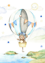 Fototapety  Cute little bear in hot air balloon illustration. Hand painted watercolor design. Cartoon kid character. Sky adventure. For posters, prints, cards, background