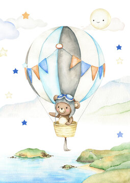 Cute Little Bear In Hot Air Balloon Illustration. Hand Painted Watercolor Design. Cartoon Kid Character. Sky Adventure. For Posters, Prints, Cards, Background