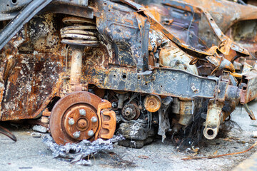 Auto in Irpen. Kyiv region, Ukraine. Russia Ukraine war. Cemetery of cars in Irpin, the consequences of the invasion of the Russian army in Ukraine. Destroyed cars of the civilian population.