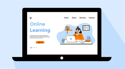 Online learning page on your laptop screen. Distance learning. Girl studying with computer. Vector illustration