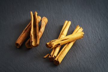 Cinnamon and cassia sticks on gray slate. Differences bark of two similar spices illustration
