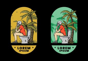 Skeleton man sit on outdoor toilet illustration