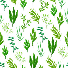 Seamless pattern with branches and green leaves. Spring or summer stylized foliage.