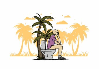 Skeleton man sit on outdoor toilet illustration