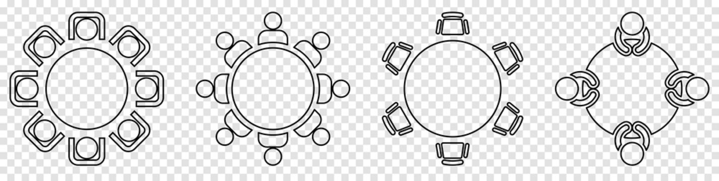 Round table with chairs line icons. Vector illustration isolated on transparent background