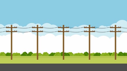 Overhead electric power lines with cables suspended on utility poles. Empty countryside road. Utility pole Electricity concept. High voltage wires. Landscape vector illustration - obrazy, fototapety, plakaty