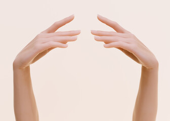 Reaching elegant woman hand, white female arm touch gesture, 3d rendering creative idea for beauty product presentation