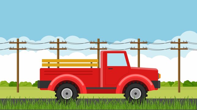 Pickup Truck Driving On A Countryside During Summer Season. Retro Farming Vehicles For Transportation And Hauling Production. Car, Rural Road And Electric Poles. Vector Illustration