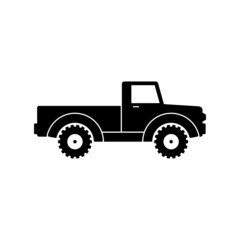 Retro pickup truck icon isolated on white background. Classic farming vehicles for transportation and hauling production. Vintage transport car with trailer and cargo symbol. Vector illustration