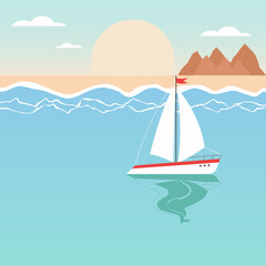 Yacht in the sea, ocean  view with mountains,clouds and sunset  , sea view portrait 