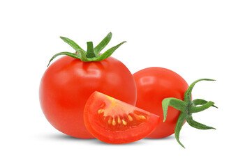 Whole, sliced tomato isolated on white background.