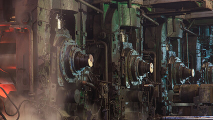 Closeup view of rolling mill at the factory.