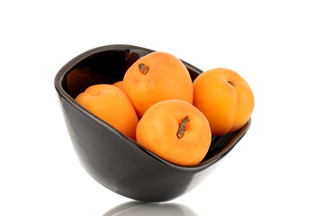 Several ripe sweet apricots with ceramic dishes, close-up, isolated on a white background.
