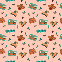 1970 groovy trippy pattern with audio cassette, good vibes text and Roller Skates
